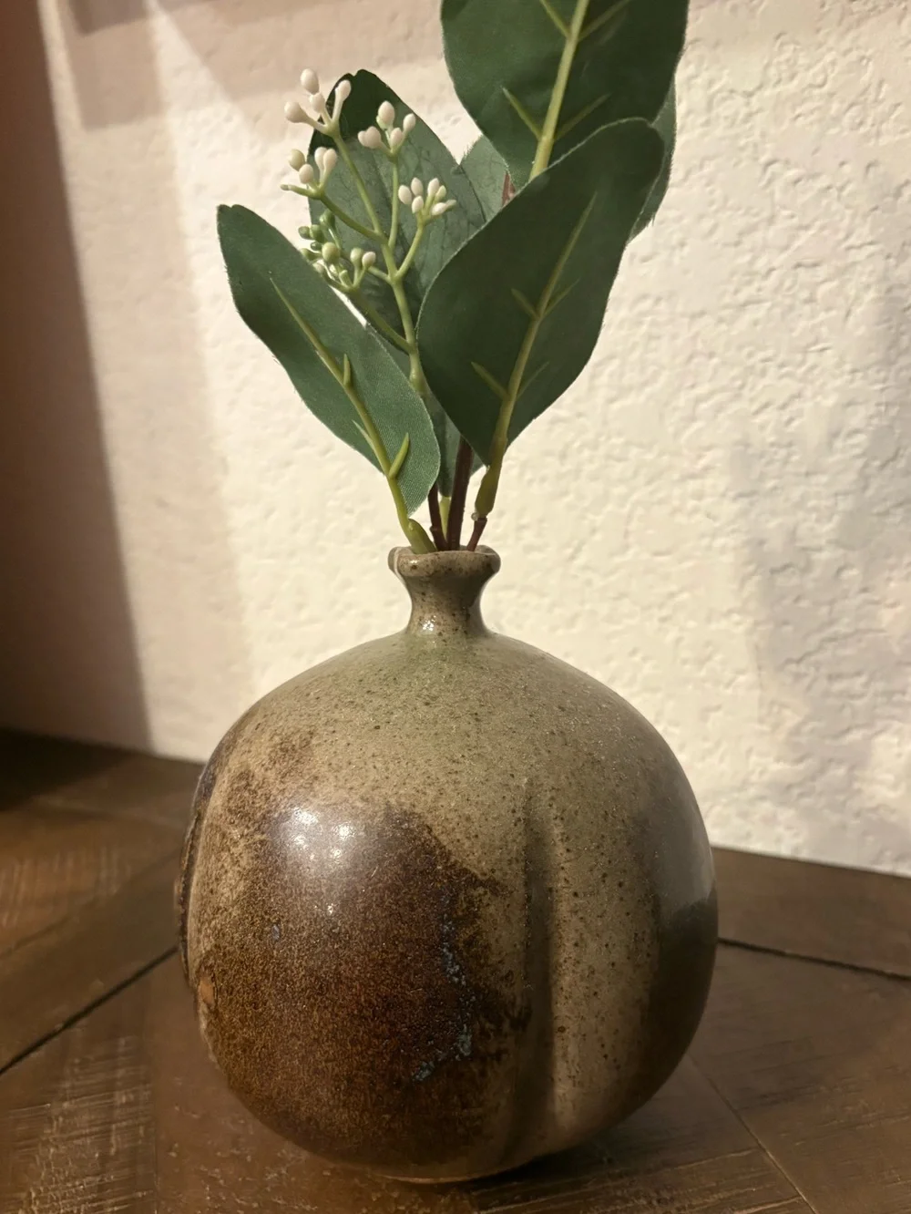 Handcrafted Round Ceramic Bud Vase in Olive Green and Brown